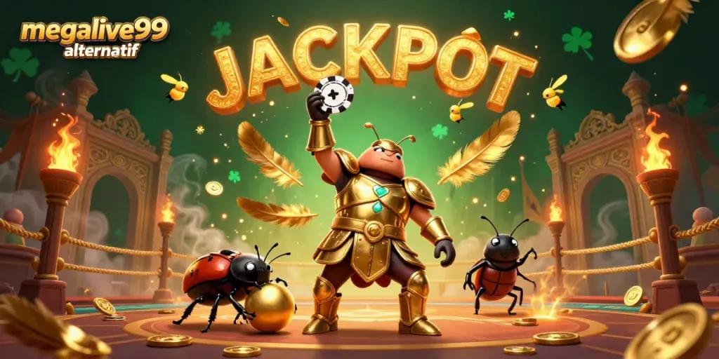 Gambarkan megalive99 alternatif dengan 3D kartun kumbang hercules dalam armor emas mengangkat chip poker, dikelilingi efek kasino.