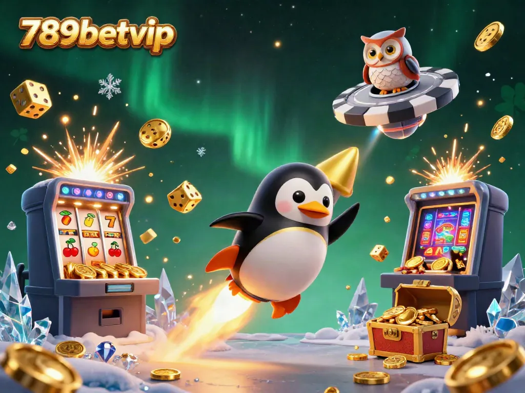 Experience the thrill of winning at 789betvip with a golden penguin and a dynamic casino scene.
