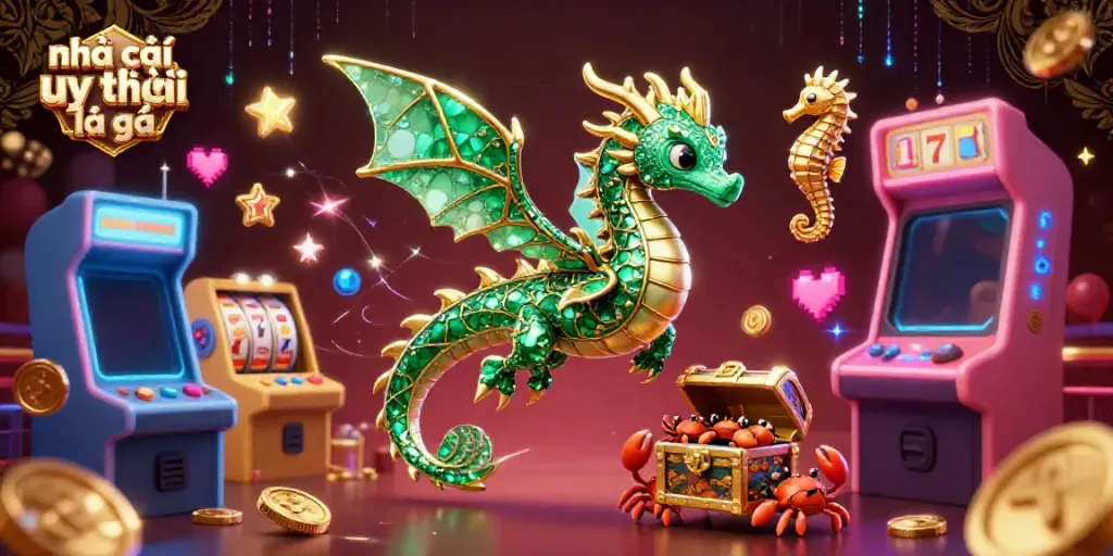Experience nhà cái uy tín là gì within a vibrant casino scene featuring golden slot reels and a sea dragon.