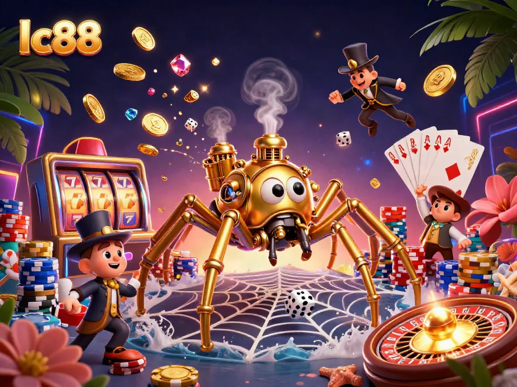 Engage in thrilling gameplay at lc88 with a steampunk spider catching dice amidst vibrant casino elements.