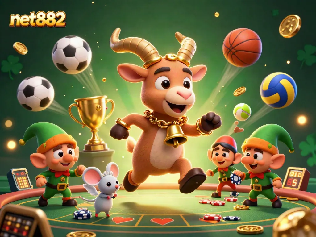 Experience thrilling gambling at net882 with Krampus, a mouse, and gremlins in a vibrant casino scene.