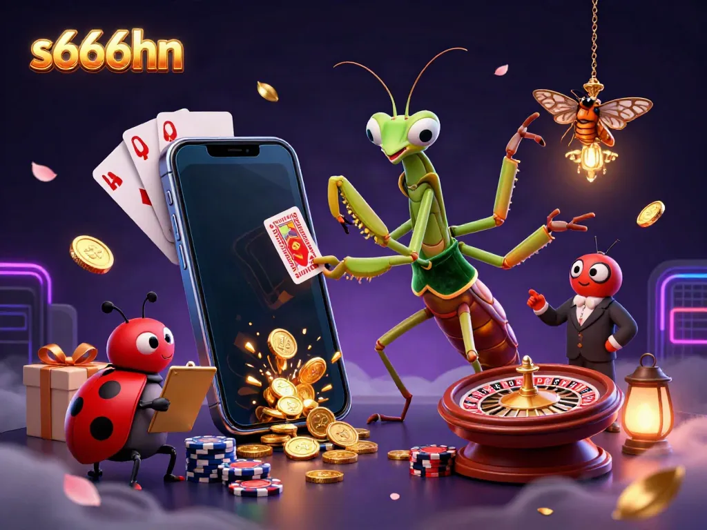 S666HN's vibrant casino scene features a giant mantis card sharp and ladybug pit boss amidst swirling slot game elements.