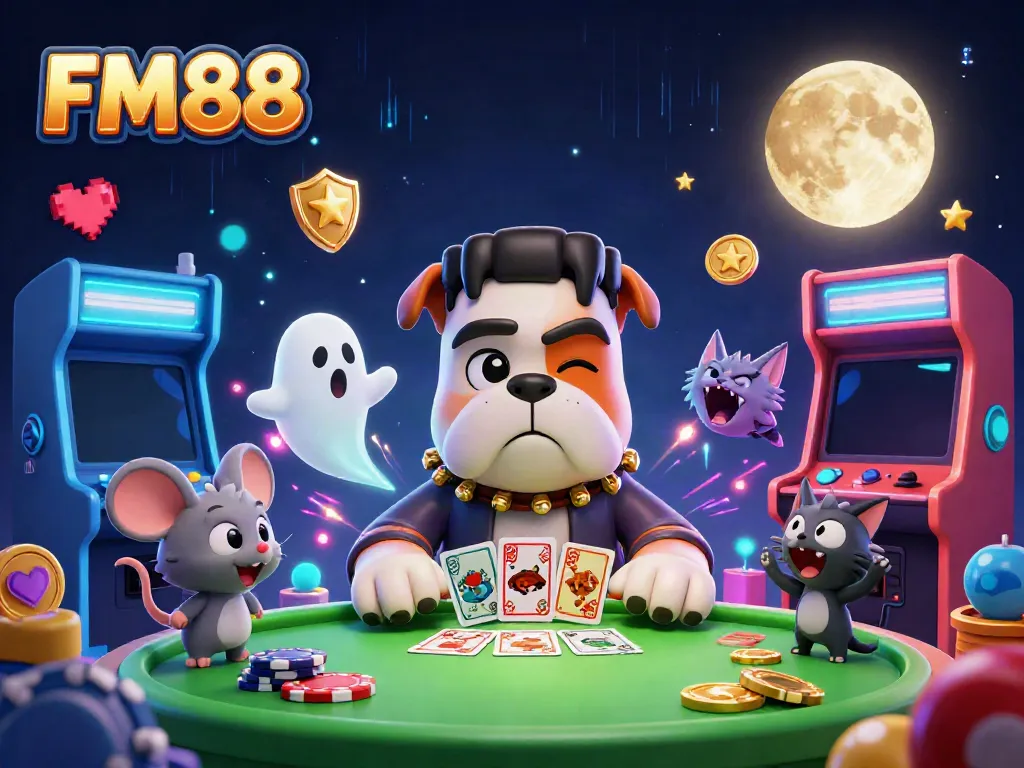 Engage in thrilling games at FM88, where a colorful casino scene features a Frankenstein bulldog dealer and a ghostly mouse.