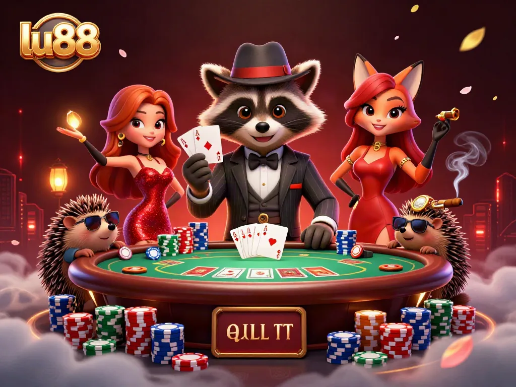 Experience thrilling gameplay at lu88 with raccoon and fox characters around a vibrant poker scene.