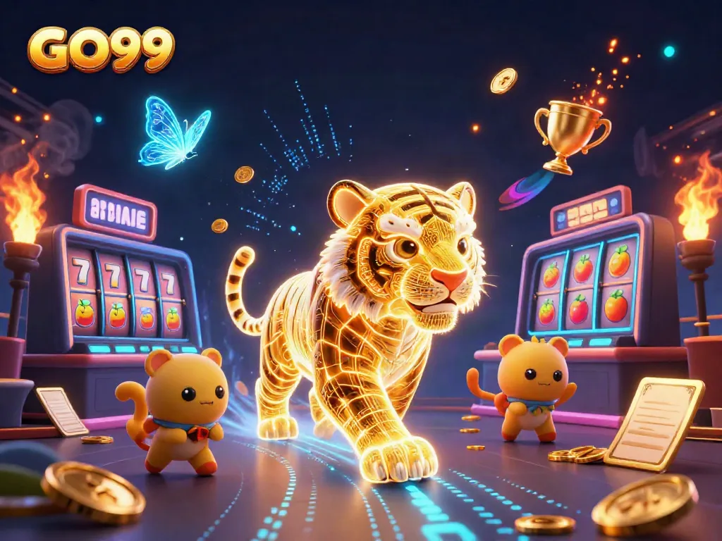Experience the thrilling gaming world of GO99 with a vibrant digital casino scene featuring a glowing tiger and jackpot symbols.