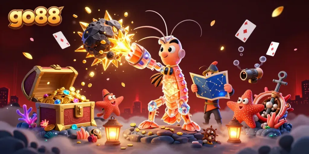 Engage with go88 in a vibrant 3D illustration featuring dynamic casino elements.