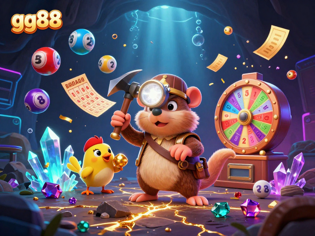 Experience exciting wins at gg88 casino with our cartoon treasure hunter in a vibrant gambling scene.