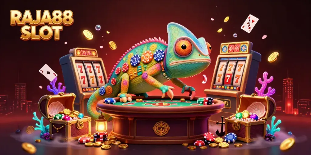 Experience the vibrant action of RAJA88 SLOT with our lively chameleon owner and dynamic slot features in a stunning casino scene.