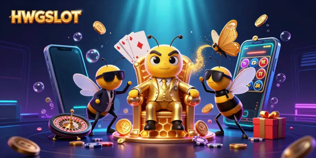 Experience HWGSLOT with a dynamic scene of a bee mob boss and casino elements.