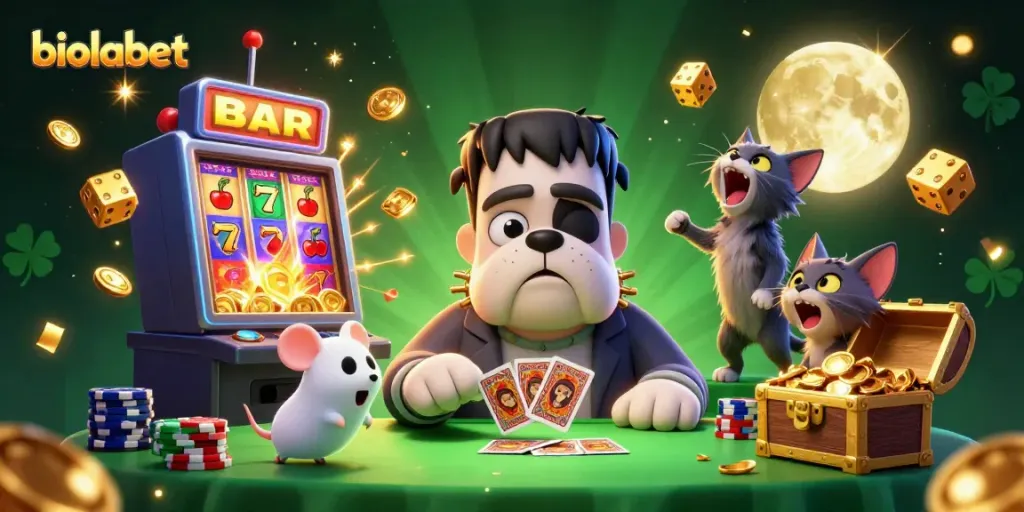 Enjoy playing with biolabet as a Frankenstein bulldog deals cards amid casino chaos.