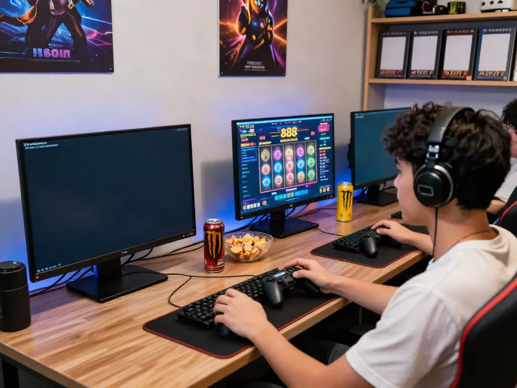 Engaging scene of a player enjoying slot88 on a modern gaming setup with vibrant screen graphics and cozy room lighting.