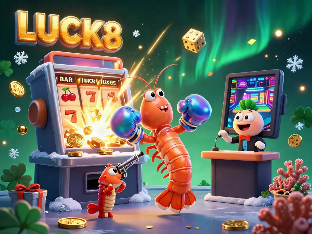LUCK8 showcases a vibrant 3D illustration with energetic characters and dynamic casino game elements bursting with excitement.