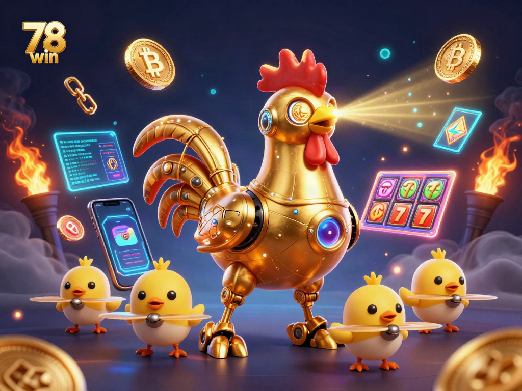 Engage in thrilling gameplay at 78 win with vibrant slots and crypto elements in this dynamic illustration.