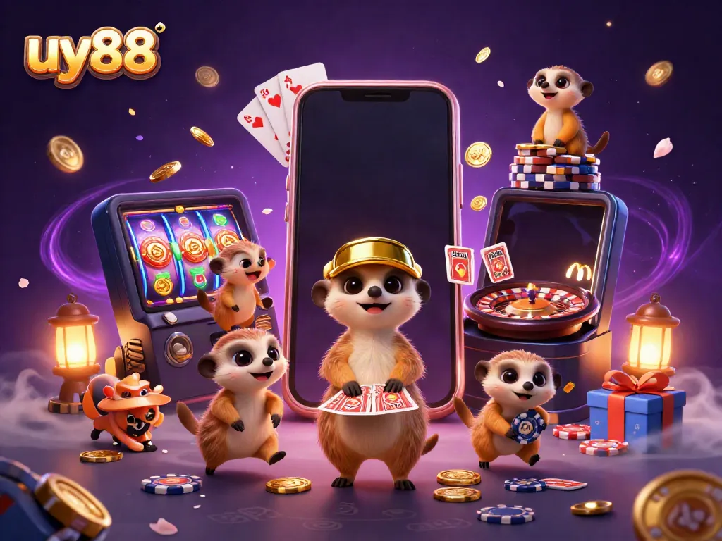 Engaging scene of meerkats at the uy88 casino, with vibrant slot machines and poker action.