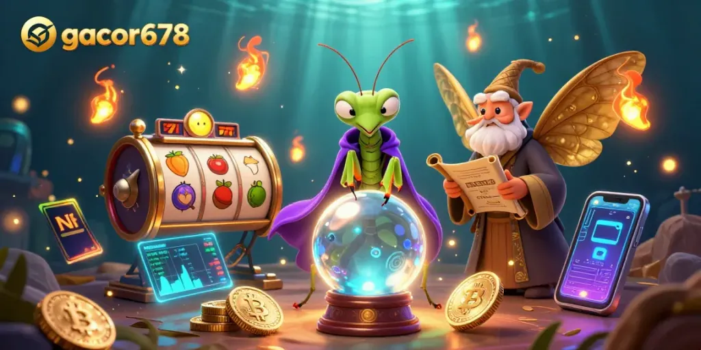 Spin with excitement at gacor678's vibrant casino scene featuring mystical characters and engaging slot elements.
