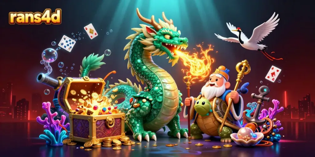 RANS4D menampilkan ilustrasi penuh warna dengan naga hijau zamrud dan kura-kura kebijaksanaan di latar belakang kasino.