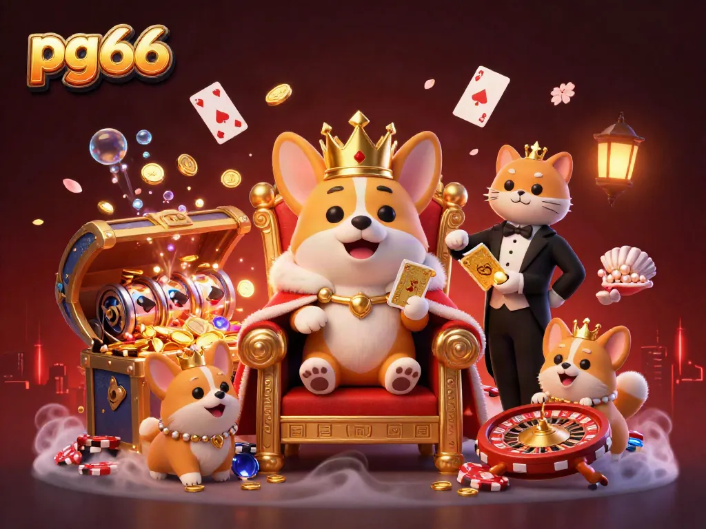 Experience exciting gameplay at pg66 with a royal corgi and vibrant casino elements in this immersive illustration.