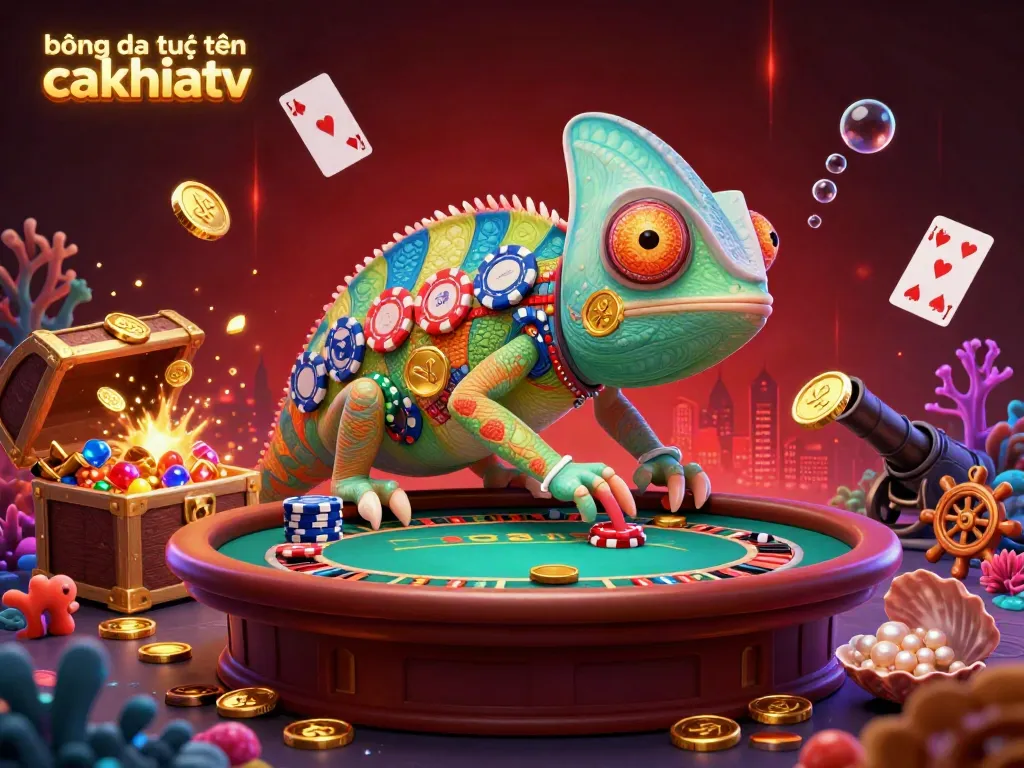 Bóng đá trực tuyến cakhiatv showcases a vibrant casino scene with a chameleon owner, golden coins, and card elements.