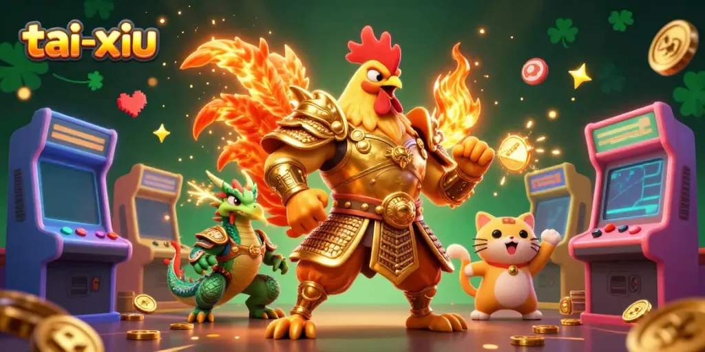 Experience the thrill of tai-xiu with colorful animation featuring a fighting rooster, dragon, and lucky cat in a vibrant casino scene.