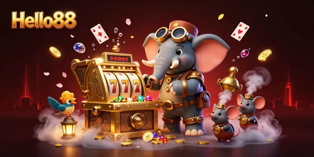 Experience thrilling gameplay with Hello88, featuring an elephant engineer at a golden slot machine amidst vibrant casino elements.