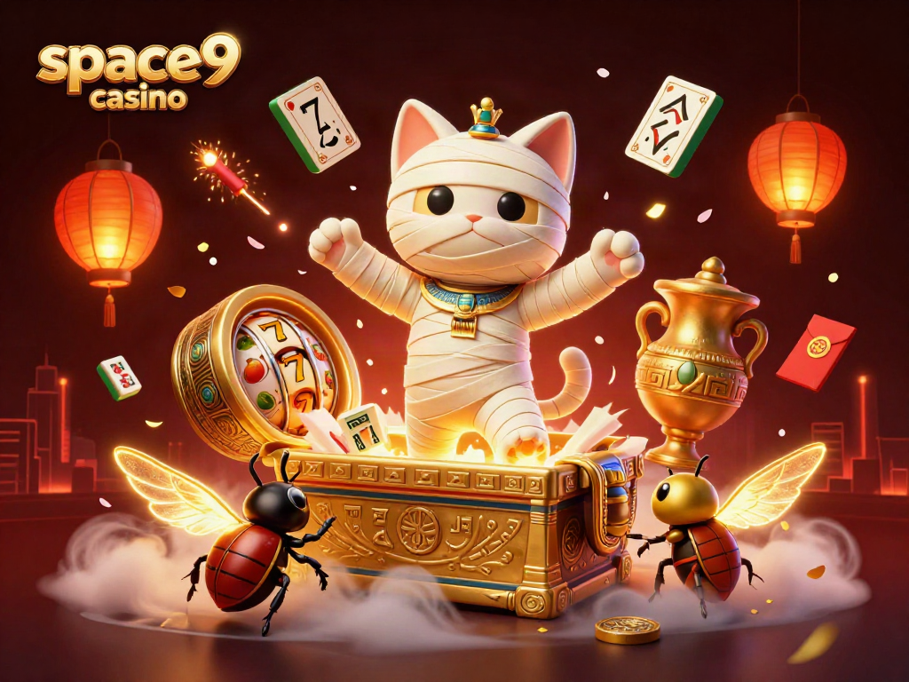 Engage with space9 casino's vibrant scene featuring a thrilling Egyptian mummy cat and a lively casino environment