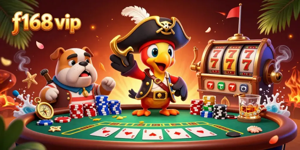Engage in thrilling f168 vip experiences with a cartoon pirate captain and vibrant poker action.