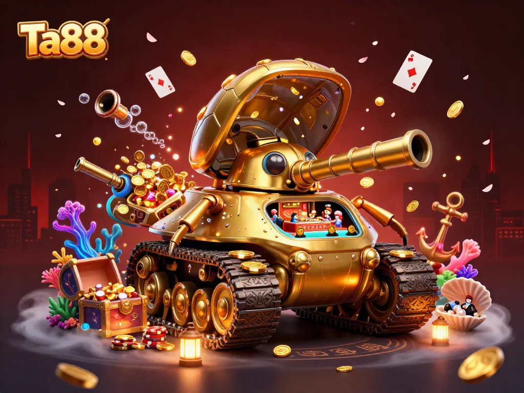 Experience thrilling gaming at Ta88, featuring a unique miniature casino in a golden beetle tank surrounded by vibrant treasures.