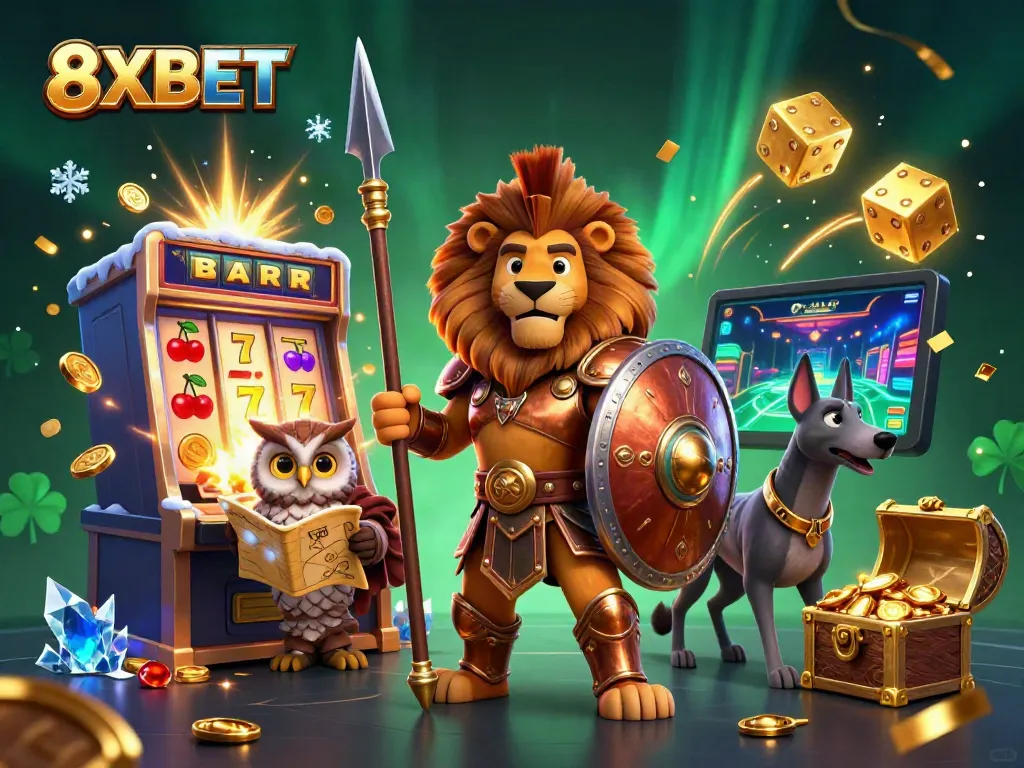 Engage with 8XBET's dynamic gaming experience featuring a 3D Spartan lion and vibrant casino elements.