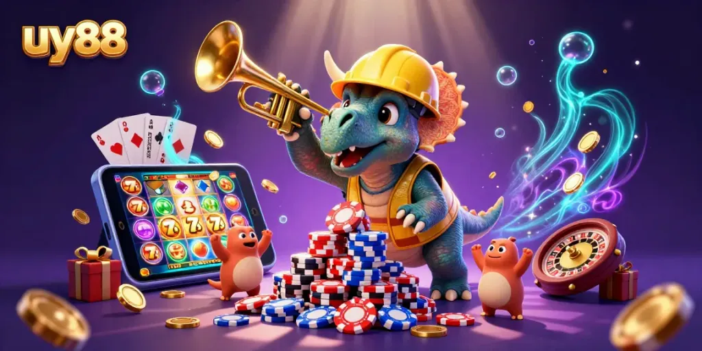 uy88 game characters celebrate with poker chips amidst a vibrant casino scene full of action