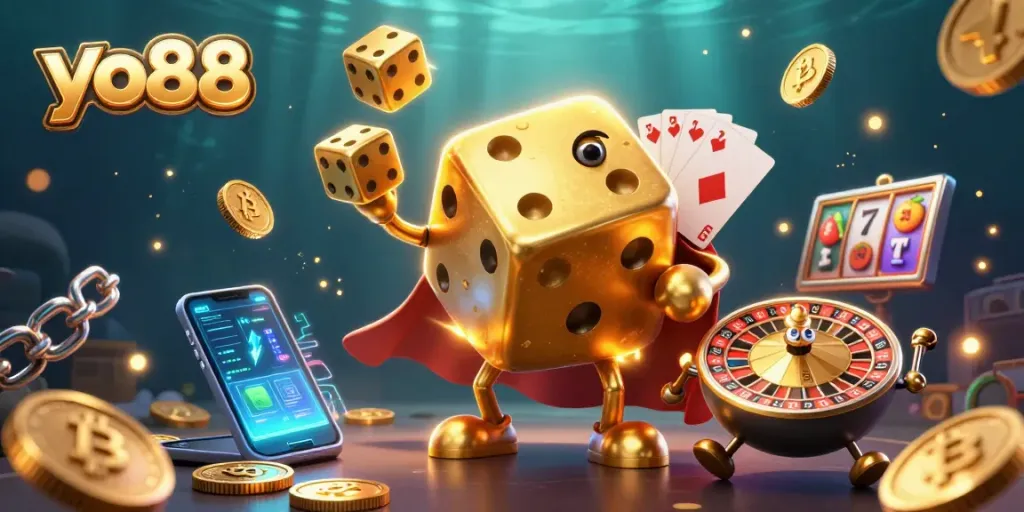 Spin and win with yo88's vibrant 3D casino scene featuring golden dice and crypto elements.