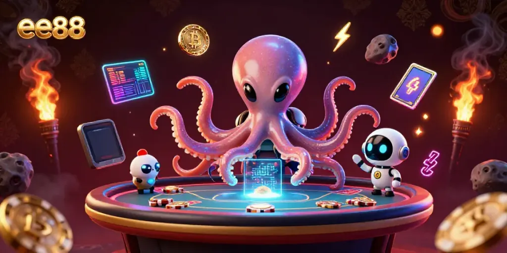 Experience the thrilling world of ee88 gaming with this vibrant illustration featuring an alien octopus running a holographic poker table.