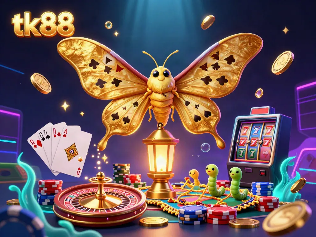 Experience the thrill of casino gaming with tk88, featuring majestic moths and vibrant casino elements.