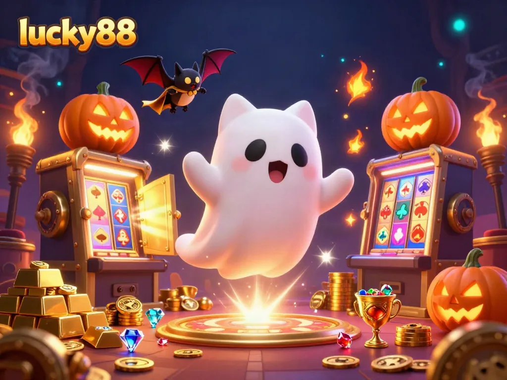 Engage in thrilling slots action at lucky88 with a ghost cat and vibrant casino atmosphere.