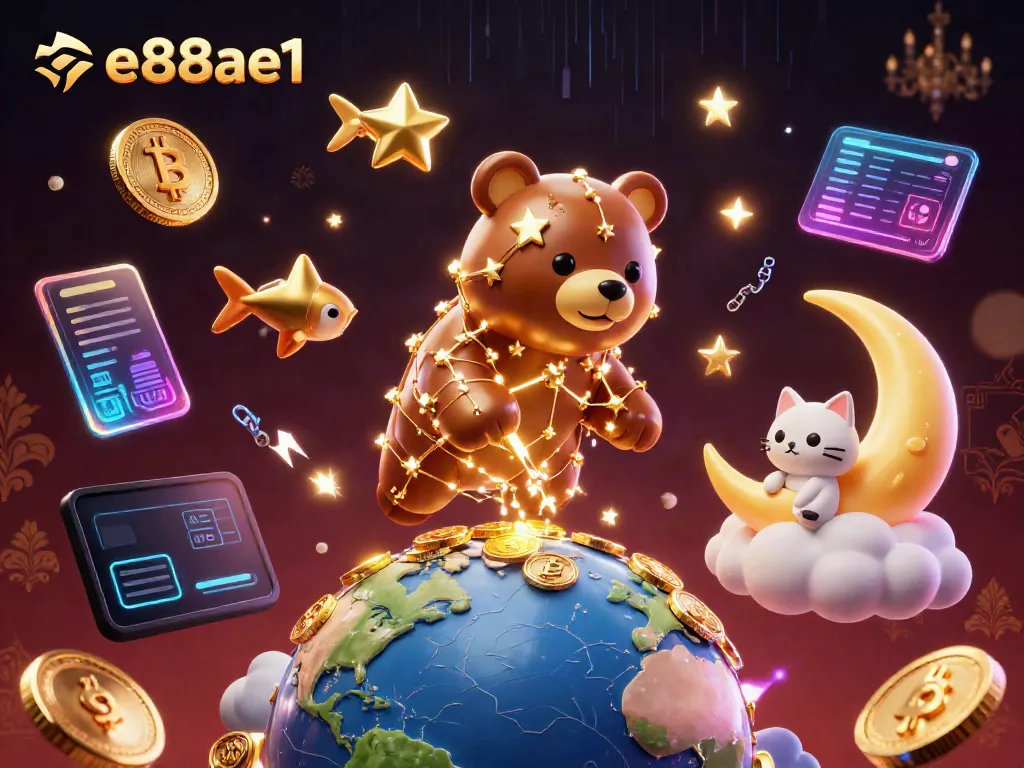 Join the excitement with ee88ae1 as a constellation bear scoops coins amidst crypto elements in a vibrant casino scene.