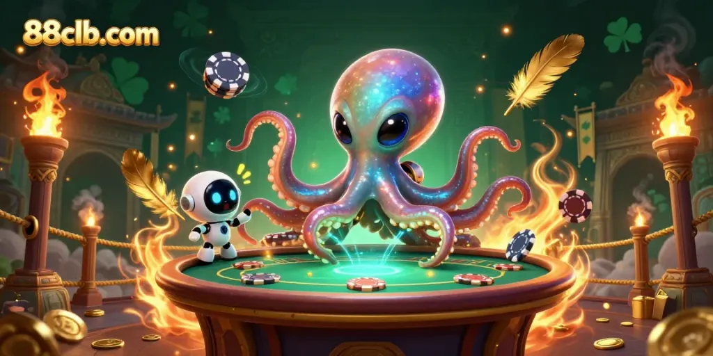 Experience the vibrant gameplay of 88clb-com with an alien octopus in an exciting poker scene.