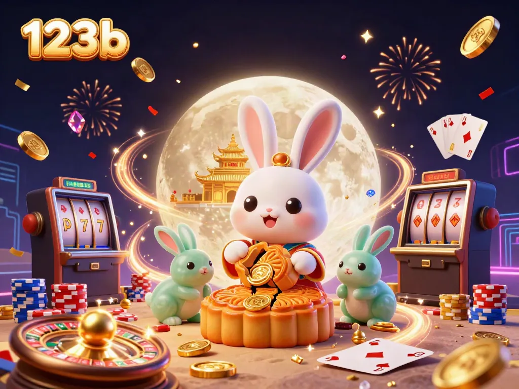 Engaging 123b scene featuring the moon rabbit symbolically weaving gambling elements with golden mooncakes and poker chips.
