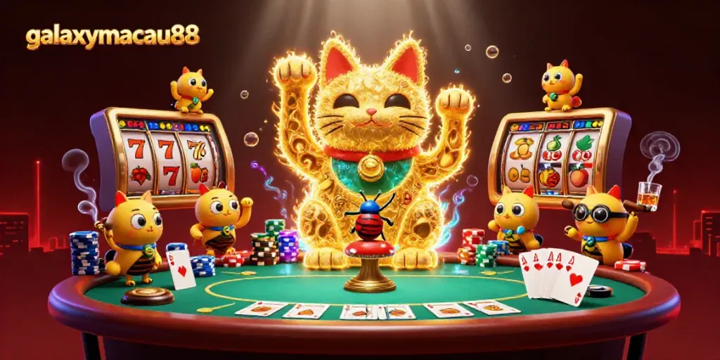 Experience gambling excitement with galaxymacau88 as a lucky cat and vibrant casino elements interact dynamically.