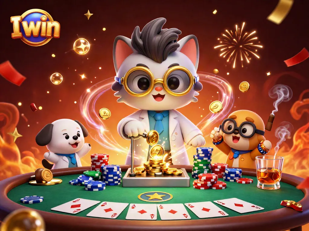 I win and play exciting poker with a mad scientist cat and lab assistant dog in a vibrant casino scene.