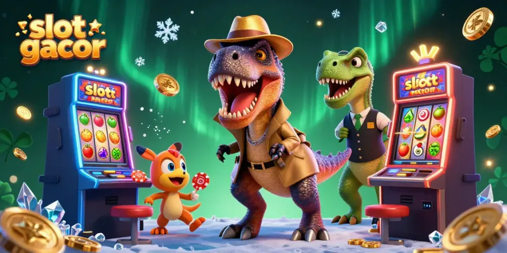 Slot gacor yang seru dengan velociraptor dan pit boss di mesin slot, memikat peruntungan.