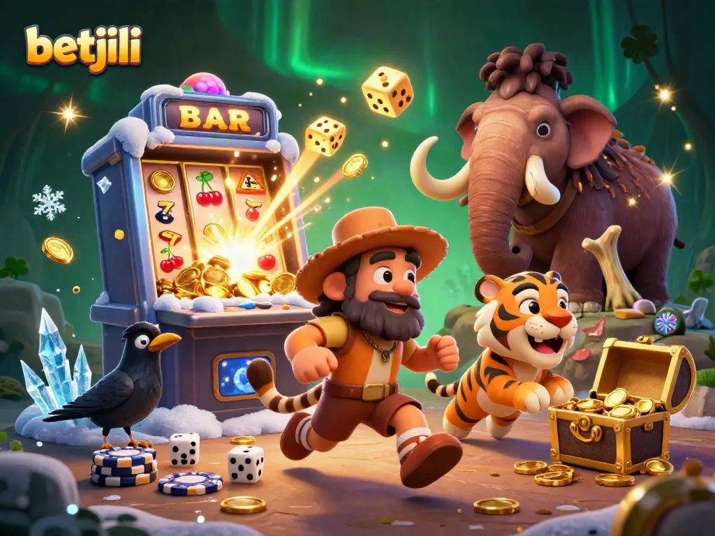 Betjili's lively casino scene showcasing cavemen and a sabertooth tiger, with exciting jackpot elements.