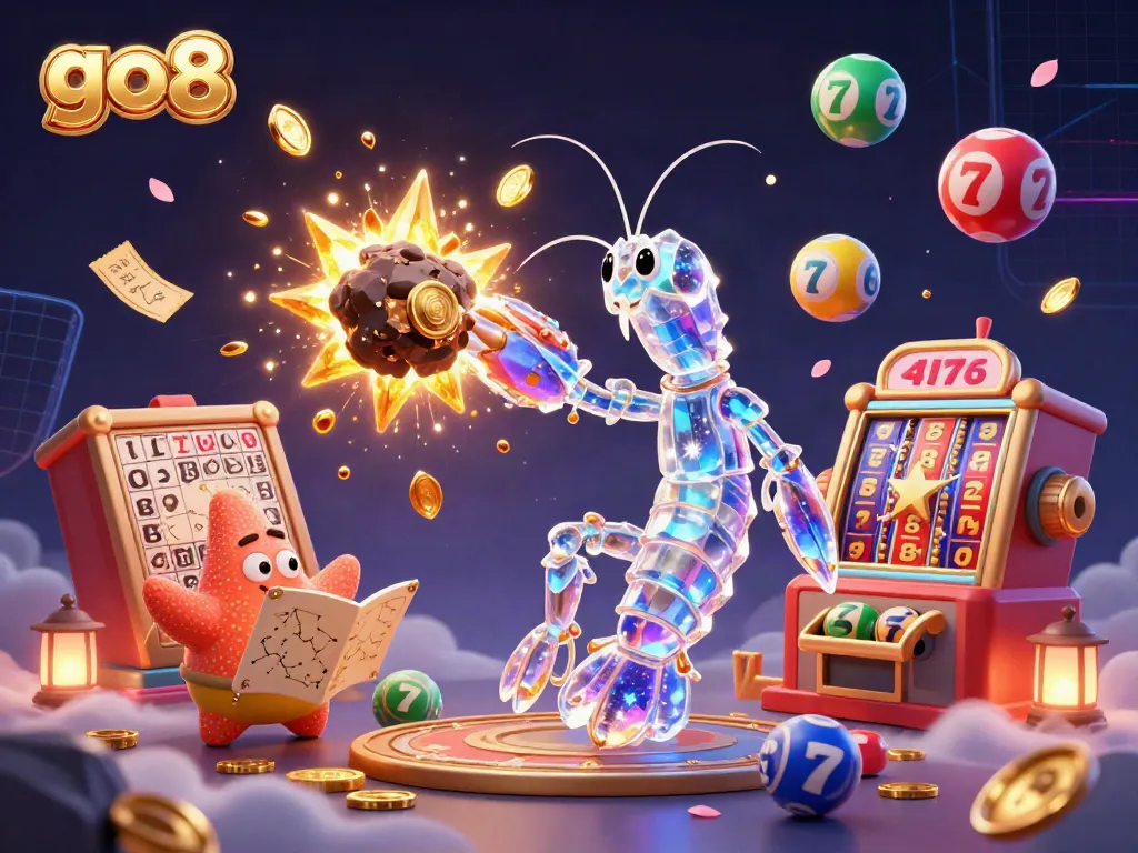 Experience the thrill of go8 with a vibrant gaming illustration featuring dynamic slot reels and animated lottery elements.