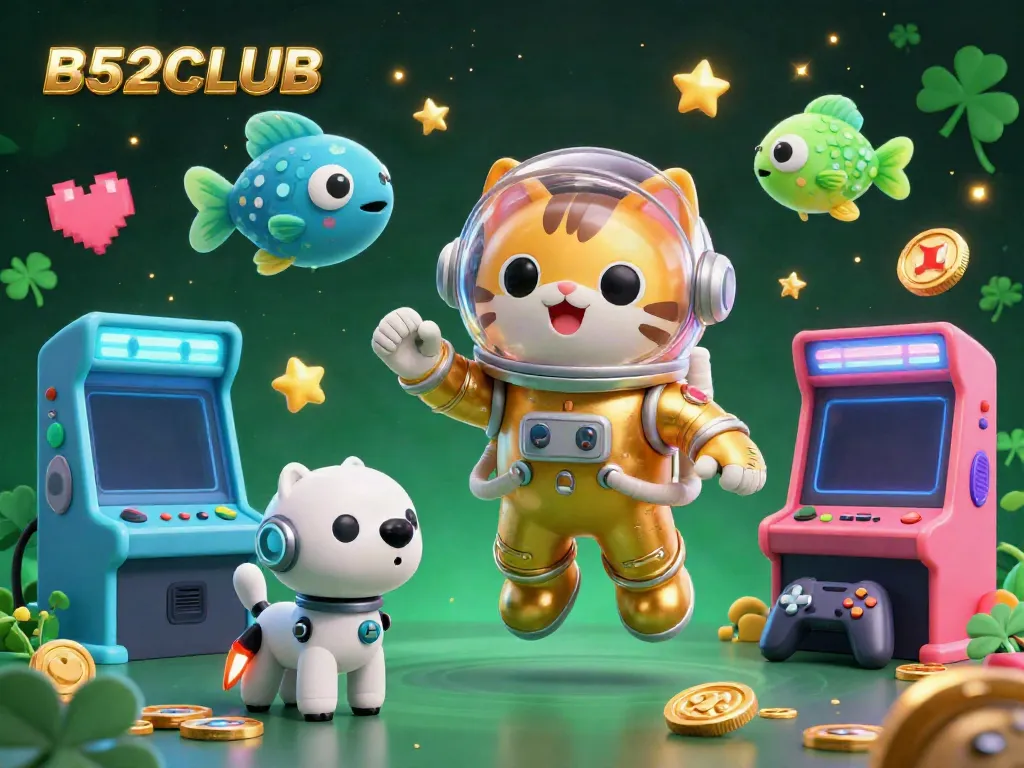 B52CLUB astronaut cat and robot dog celebrate gaming wins in a galactic casino.