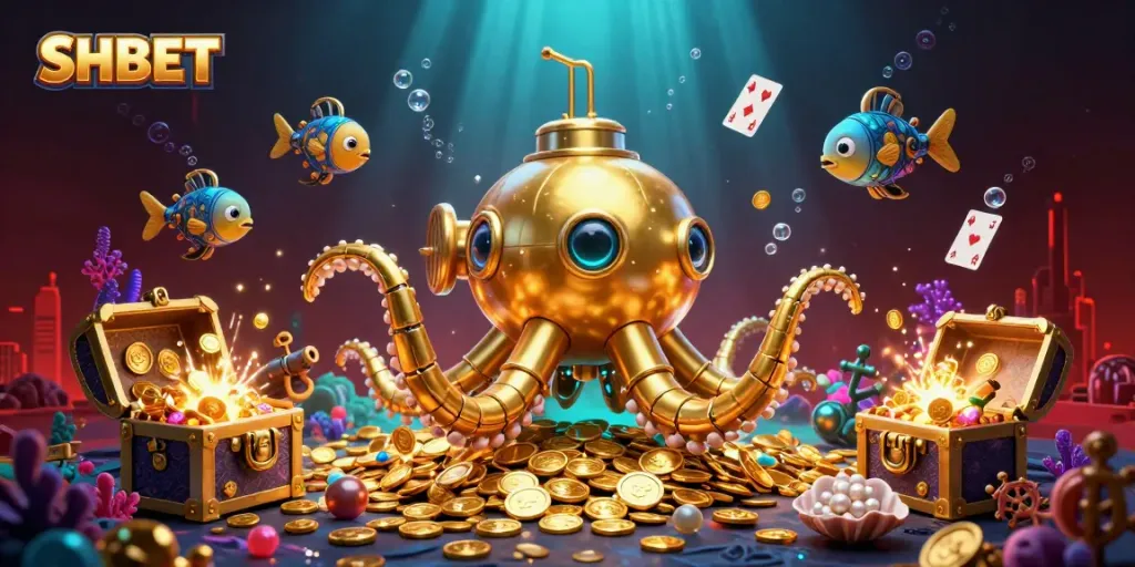 Experience thrilling wins at SHBET casino with a cartoon kraken submarine amidst treasure.