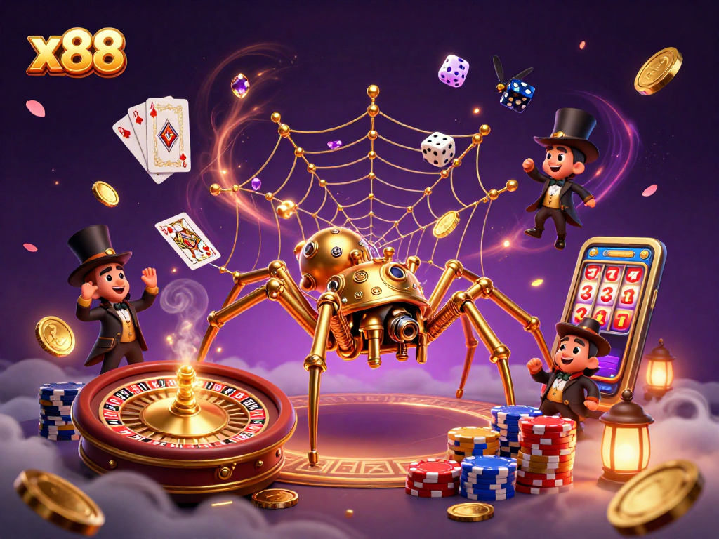 Win big at x88 with a mystical 3D casino scene bursting with golden coins and charming characters.