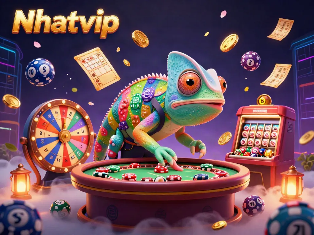 Nhatvip enticing players with a vibrant casino scene featuring a chameleon owner and colorful gambling elements.