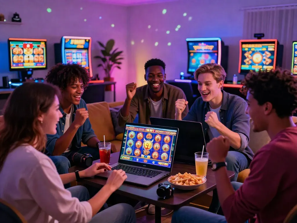 Diverse friends enjoying an exciting slot game session together at home with vibrant graphics.