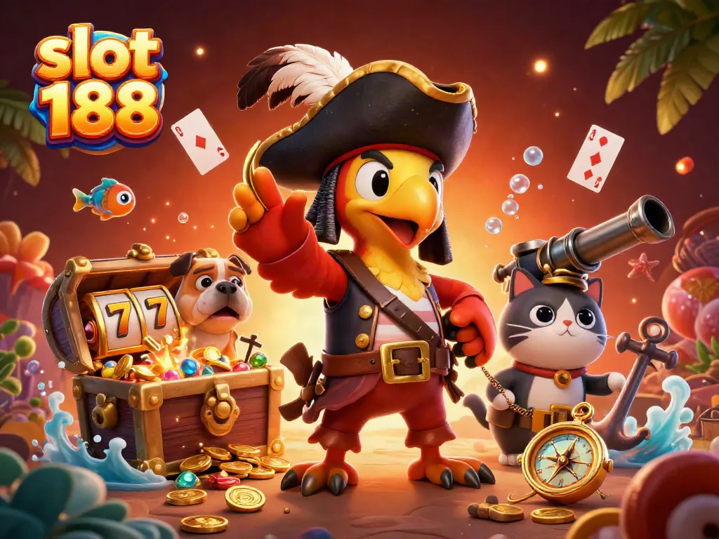 Mainkan slot 188 dengan aman melalui ilustrasi karakter unik dan elemen kasino.