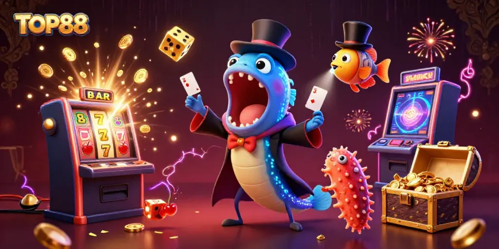 Experience the magic of TOP88 with vibrant casino gameplay and enchanting sea creatures in a captivating scene.