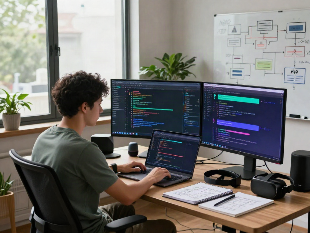Engaging developer workspace showcasing ai chat nsfw technology, with coding setup and vibrant digital displays.