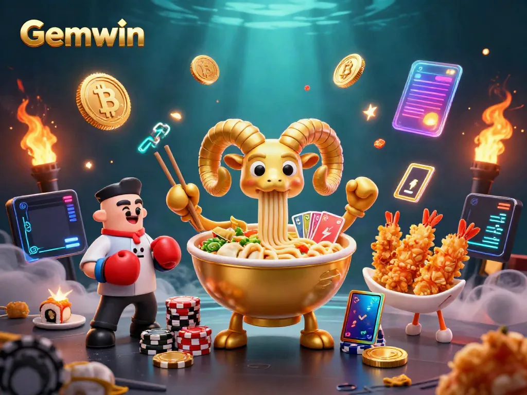 Experience Gemwin's vibrant world with golden ramen bowl and sushi dealers in a dazzling casino scene.